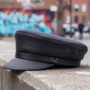Handmade Genuine Leather Peaked Cap – Vintage Biker Motorcycle Hat