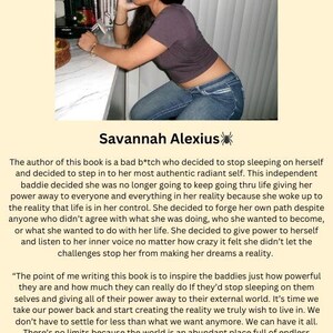 May include: A woman with dark hair and a grey top is sitting on a counter, talking on a mobile phone. The text on the image reads "About The Author: Savannah Alexius" and includes a quote about the importance of taking control of your life and creating your own reality.