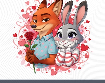 Animal Couple PNG, Romantic Fox and Bunny T-shrit PNG, Wedding Couple Animals, Valentine Day Love Clipart