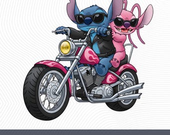 Casal de motoqueiros Stitch PNG, camiseta romântica com anjo e Stitch PNG, clipart de amor para o Dia dos Namorados