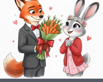 Animal Couple PNG, Romantic Fox and Bunny T-shrit PNG, Valentine Day Love Clipart, Wedding Couple Animals, Valentines Day Gift
