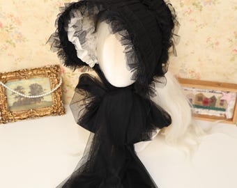 Victorian Lolita Bonnet Mesh Christmas Gift Hat No Frame Ruffled Lace Audrey Style Tie On Gothic Lolita Bonnet Classic Vintage Tie Bonnet