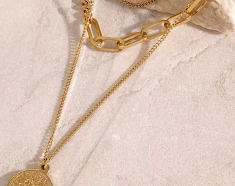 Layered Gold Coin Necklace Set, Paperclip Chain Necklace, Chunky & Dainty Layered Necklace, Minimalist Gold Jewelry, Gift for Her