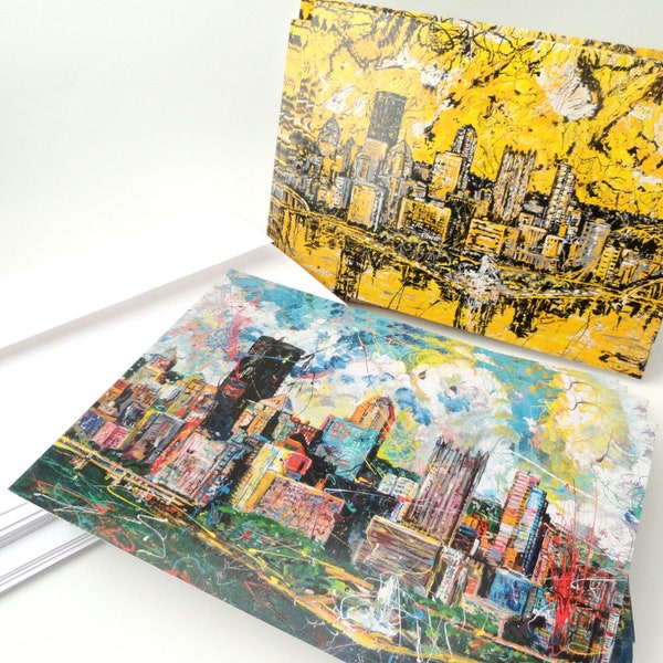 Black n Gold, Pittsburgh notecards, Pittsburgh Skyline, Greeting Cards by artist Johno Prascak, Johnos Art Studio