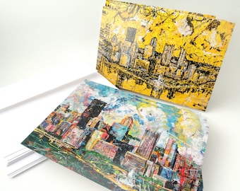 Pittsburgh note cards, Pittsburgh cards, Pittsburgh Skyline, Greeting Cards by artist Johno Prascak, Johnos Art Studio