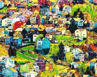 House on a Hill, Painted houses, painting of houses,  Neighborhood Houses wall art,  Corporate wall art, Johno Prascak, Johnos Art Studio