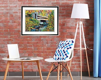 Fallingwater art, Fallingwater print, Fallingwater wall art, Frank Lloyd Wright house, by Johno Prascak, Johnos Art Studio