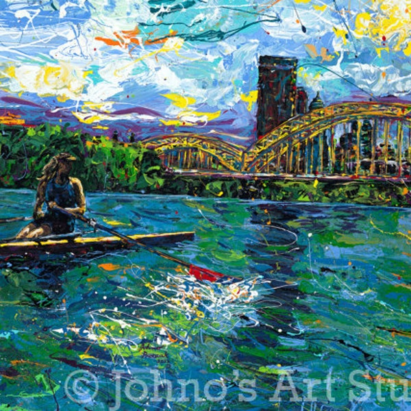 Rowing, modern wall art, Rowing on the River, Crewing wall art, Pittsburgh Skyline by Johno Prascak