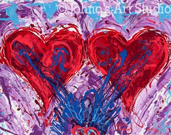 Valentines Day art, Red Heart wall art, impressionism wall art, Gift for sweetheart, TWO HEARTS Print by Johno Prascak of Pittsburgh