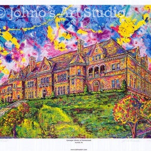 May include: A colorful, abstract painting of a brick building with a green lawn and a tree in the foreground. The building is the Carnegie Library of Homestead, Homestead, PA. The text "Johnno's Art Studio" is in the upper left corner of the image.