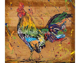 Rooster art, Chicken art, Noodles to Rooster,  Chicken painting Limited Edition Giclee by Johno