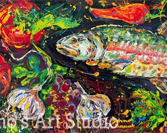 Fish art,  kitchen art, modern kitchen painting, Fish and Garlic Painting by Johno Prascak, Pittsburgh