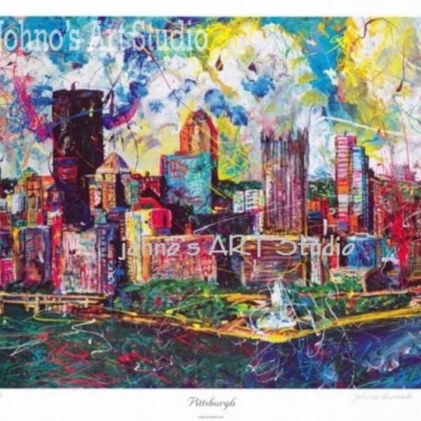 Pittsburgh Skyline art, Pittsburgh Artist, City Skyline, Three Rivers ,The Point,  by Johno Prascak