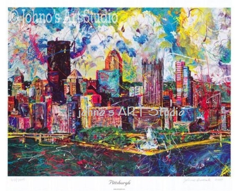 Pittsburgh Skyline art, Pittsburgh Artist, City Skyline, Three Rivers ,The Point, by Johno Prascak image 1