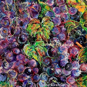 Grapes, Wine cellar wall art, wine art, Impressionism art, Fruit painting, purple grapes, print by Johno Prascak