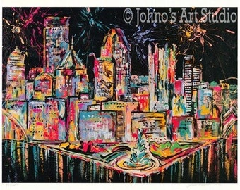 Pittsburgh skyline wall art, Pittsburgh art, Fireworks painting, modern wall art, man cave wall art,  Print by Johno