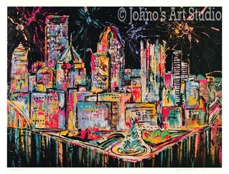 Pittsburgh skyline wall art, Pittsburgh art, Fireworks painting, modern wall art, man cave wall art, Print by Johno image 1