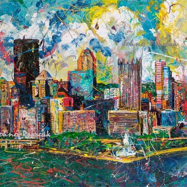 Man cave art, Modern Pittsburgh wall art, Pittsburgh Skyline art, Pittsburgh Artist,Three Rivers ,The Point,  by Johno Prascak