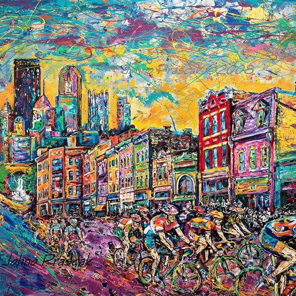 Cyclist Art, Garden art, Art Sale, Pittsburgh Art, Three Rivers Stadium, BOGO , FREE art, Wall art,  by Johno Prascak