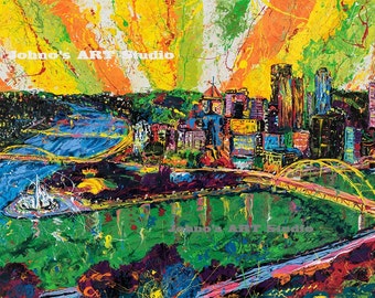 Pittsburgh art, Pittsburgh skyline print, Steel Beams to Sun Beams, art by Johno Prascak, steel city art