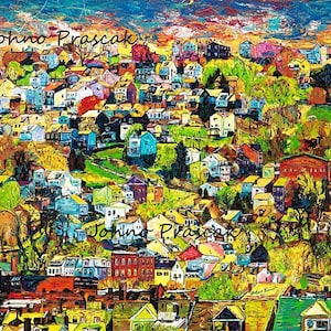 Houses on the Hill, Homes, Painted Houses, Pittsburgh art,  Limited Edition Print by Johno Prascak