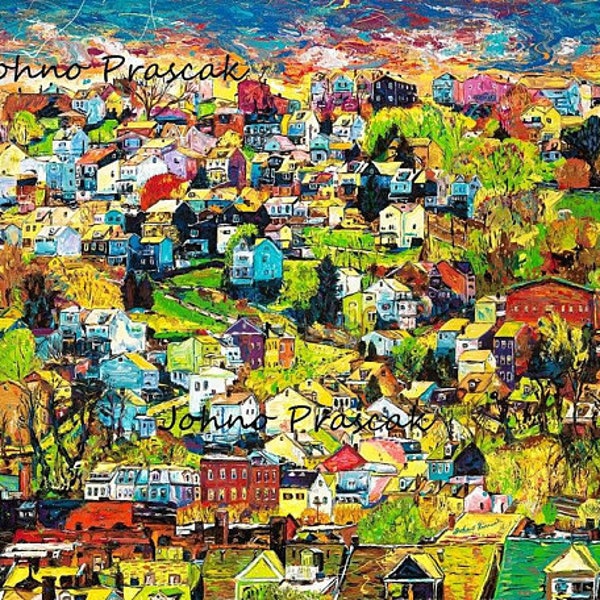 Houses on the Hill, Homes, Painted Houses, Pittsburgh art,  Limited Edition Print by Johno Prascak