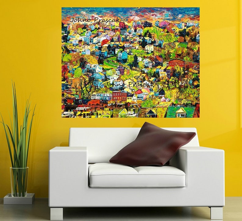 Modern Wall Art, House on a Hill, Homes, Neighborhood Houses Wall Art