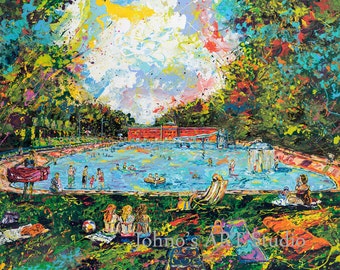 Pool painting print, Dormont Pool,  Summer fun art, swimming pool art, Limited Editon Print by Johno Prascak