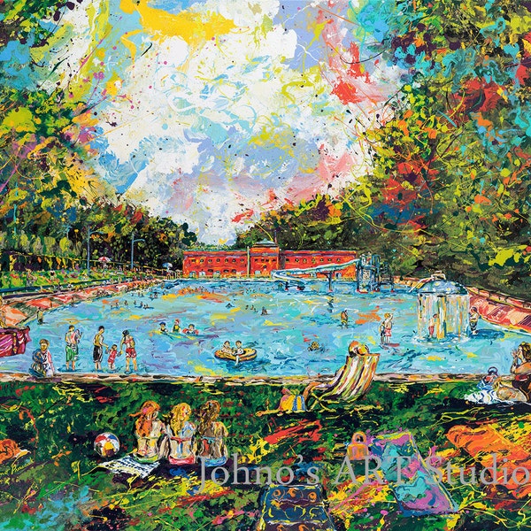 Pool painting print, Dormont Pool,  Summer fun art, swimming pool art, Limited Editon Print by Johno Prascak