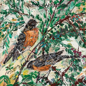 Robins, Red Robin, American Robin wall art, bird print, Bird wall art, impressionistic 16x20 print, by Johno prascak, Pittsburgh artist