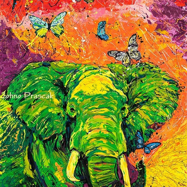 Elephant print, Elephant art, Elephant with Butterflies, Inspirational art, Hope, Johno Prascak, Johnos Art Studio