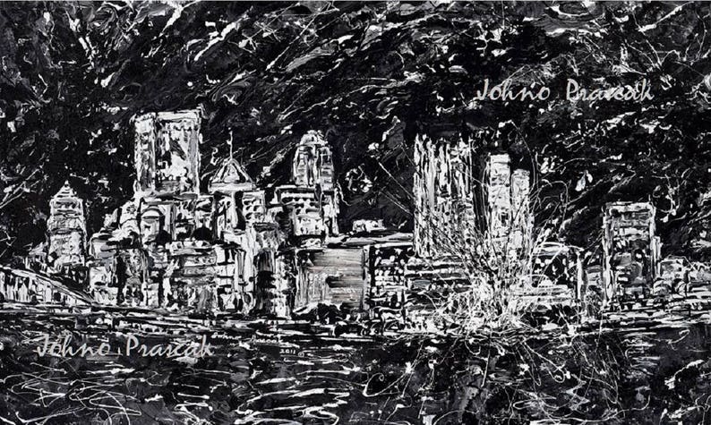 Pittsburgh artist Pittsburgh skyline abstract art black and white art Pittsburgh art Johnos Art Studio by Johno Prascak