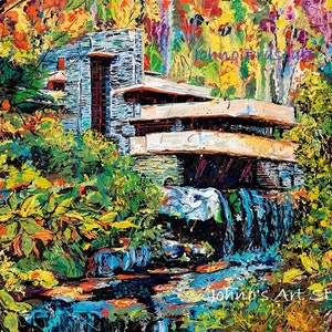 May include: A colorful abstract painting of a house with a waterfall in front of it. The house is a multi-level structure with a stone exterior and a flat roof. The waterfall is flowing over rocks and into a pool of water. The painting is done in a vibrant style with bold colors and brushstrokes.