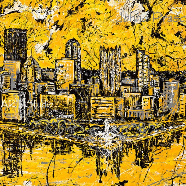 Black and Gold, Metal print, 20 x 30, Pittsburgh Skyline art, Pittsburgh Artist, Black n Gold, Three Rivers ,The Point,  by Johno Prascak