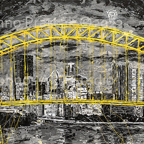 Pittsburgh Bridges, Pittsburgh skyline art, Pittsburgh wall art, Pittsburgh Black n Gold, by Johno Prascak, Johnos Art Studio