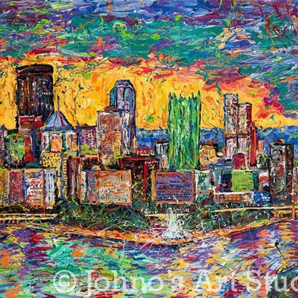 Pittsburgh Skyline Art,  The Point,  Sunset painting, Print by Johno Prascak