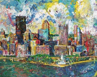 Pittsburgh art, City Skyline, Pittsburgh print, Pittsburgh wall art, man cave art, Three Rivers, The Point, by Johno Prascak