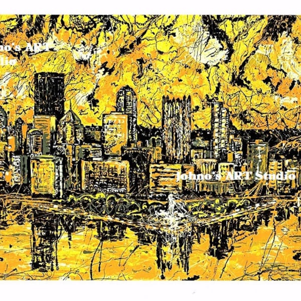 Man cave wall art,  Black n Gold Pittsburgh wall art,  City Skyline print, Pittsburgh Pride, by Johno Prascak