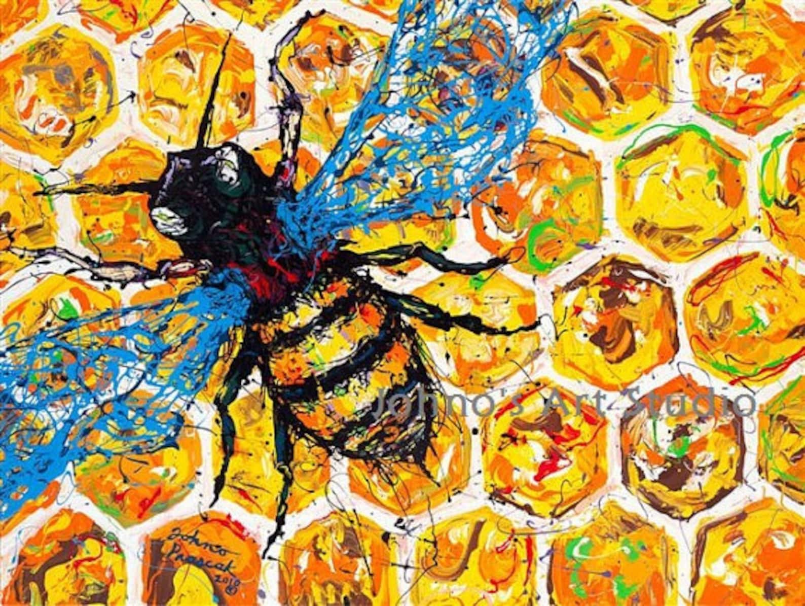Honey Bee Art, 16x20 Giclee Print, Modern Wall Art, Bug Art, Honey Comb Painting, Bee Wall Art