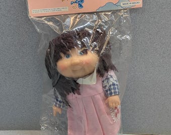 1980s Little Ann & Bob Brown Yarn hair Cabbage Patch 7 inch NEW old stock knock-off Girl doll Made in Macau