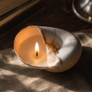 Könnte beinhalten: Eine brennende Kerze in einer großen, weißen Muschelschale. Die Flamme wirft einen warmen Schein in die Schale. Die Muschelschale liegt auf einem beigefarbenen Tuch, mit einem dunklen Holzuntergrund im Hintergrund.