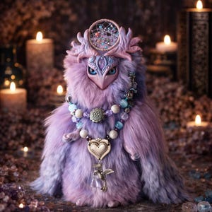 May include: A whimsical, plush creature in shades of purple and blue, adorned with a dreamcatcher crown and a beaded necklace with a heart pendant. The creature has a bird-like face with blue eyes. Candles in the background create a warm, inviting atmosphere.