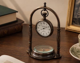 Compass Desk Clock,Vintage Desk Clock,Retro Hanging Table Clock,Office Desk Decor,Quartz Clock,Bookshelf Decor, Father Day Gift,Gift for Men
