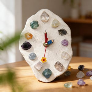 Puede incluir: Un reloj decorativo con una esfera blanca con forma de piedra. La esfera del reloj presenta piedras preciosas de colores que marcan las horas. Las manecillas del reloj están diseñadas como lápices rojos y azules. Una flor amarilla está en la parte inferior del reloj.