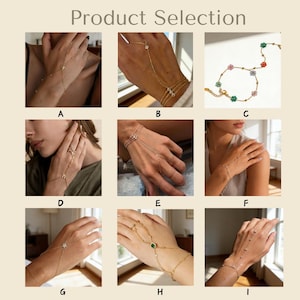 May include: A selection of gold-toned hand chain bracelets, each featuring delicate designs. Styles include star, floral, and gemstone accents. The image is labeled "Product Selection".