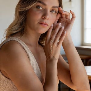 May include: A delicate gold hand chain with multiple small, round, clear gemstones. The chain connects to a ring and wraps around the hand, creating a stylish and elegant look. The jewelry is worn on a hand with manicured nails.