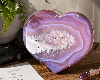 Cristal de ágata natural em formato de coração, pedra de quartzo drusa rosa em formato de coração, cristal decorativo para cura, presente para ela, pedra da energia do amor, decoração para casa