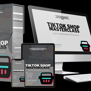 Può includere: Un prodotto educativo di marketing digitale, intitolato "TikTok Shop Masterclass", è visualizzato su un monitor di computer, tablet, smartphone e un libro. Il titolo è in lettere bianche in grassetto con un'icona del carrello. Lo sfondo è nero.