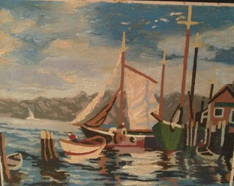 Vintage Oil Harbour Scene Oilbon Board / Silver frame