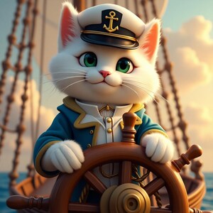 May include: A white cat wearing a blue and gold captain's uniform and a black hat with an anchor on it, holding the wheel of a ship.